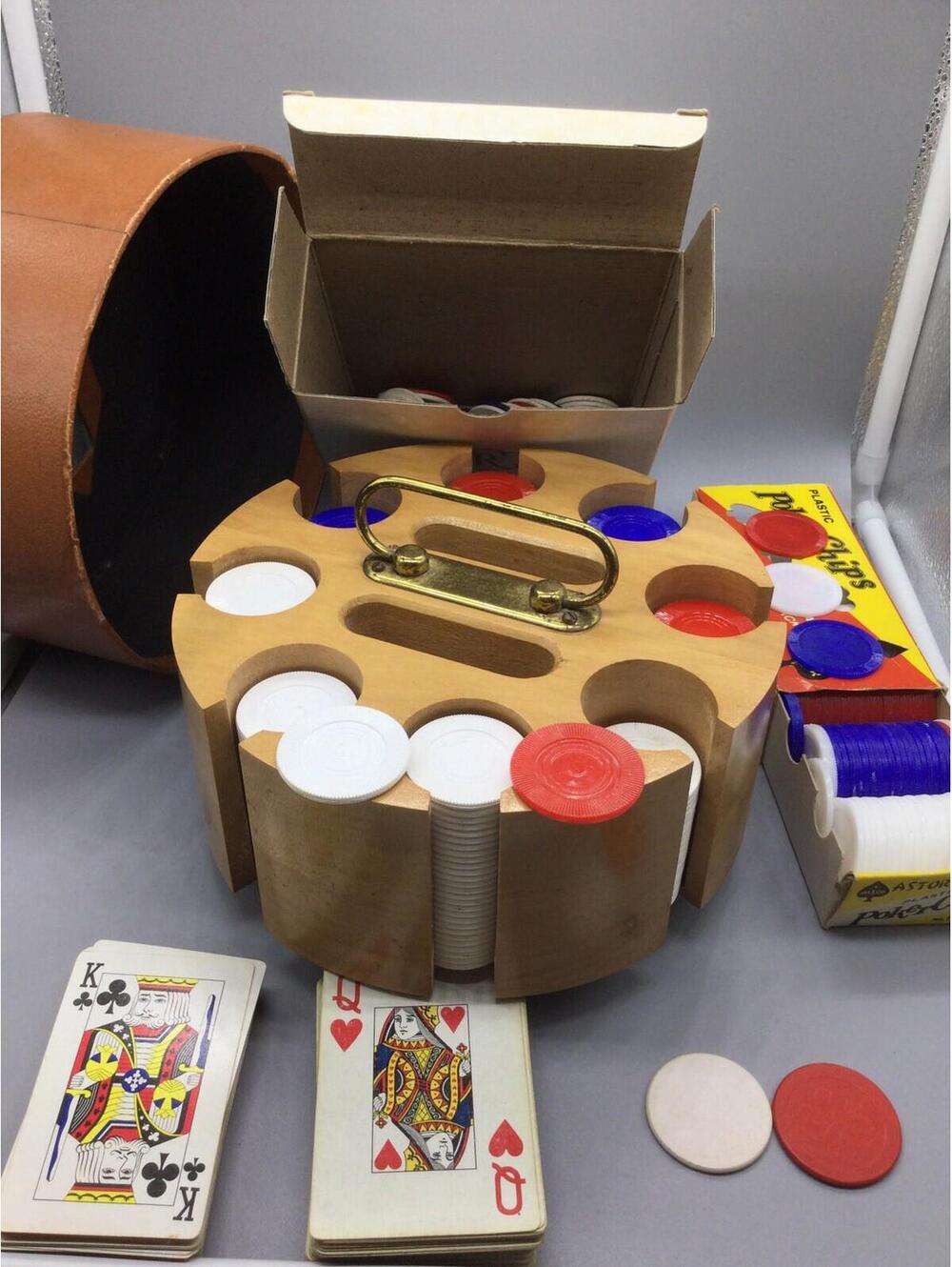 Vintage 3 Poker Chip Swivel Box Sets Handle Caddy Two 2 Packs Playing Cards lot